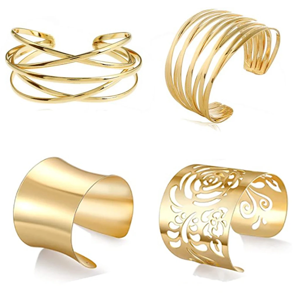 FTCY 4 Pcs Cuff Bangle Bracelet for Women Open Wide Wire Bracelets Gold Wrist Cuff Wrap Bangle Women's Jewelry Gifts