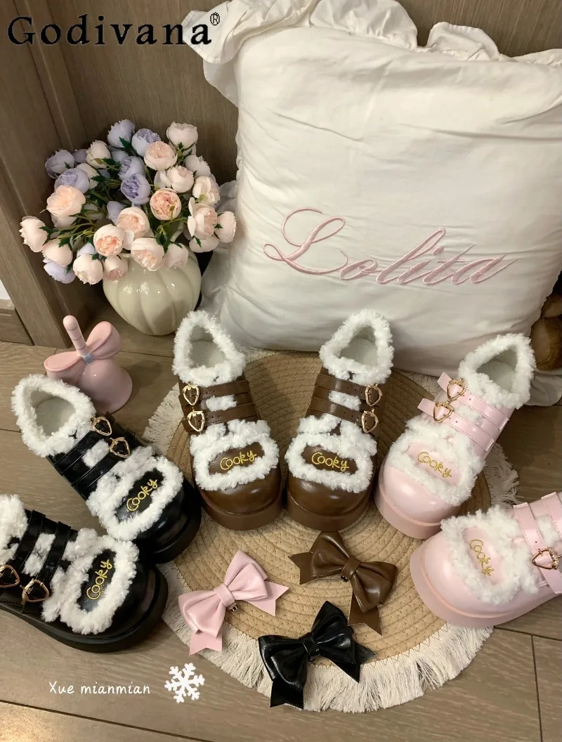 

Winter New Fleece-Lined Thick-Soled Platform Shoes Sweet Cute Girl Warm Japanese Lolita Round-Toe Single Shoes