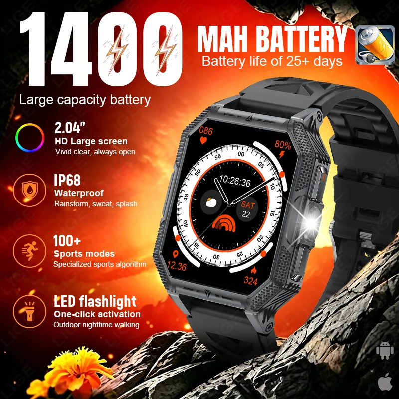 LIGE New 1400mAh Ultra Big Battery Smart Watch 2026 Outdoor Flashlight Waterproof Heart Rate BT Call 2.04" HD Sport Smartwatch