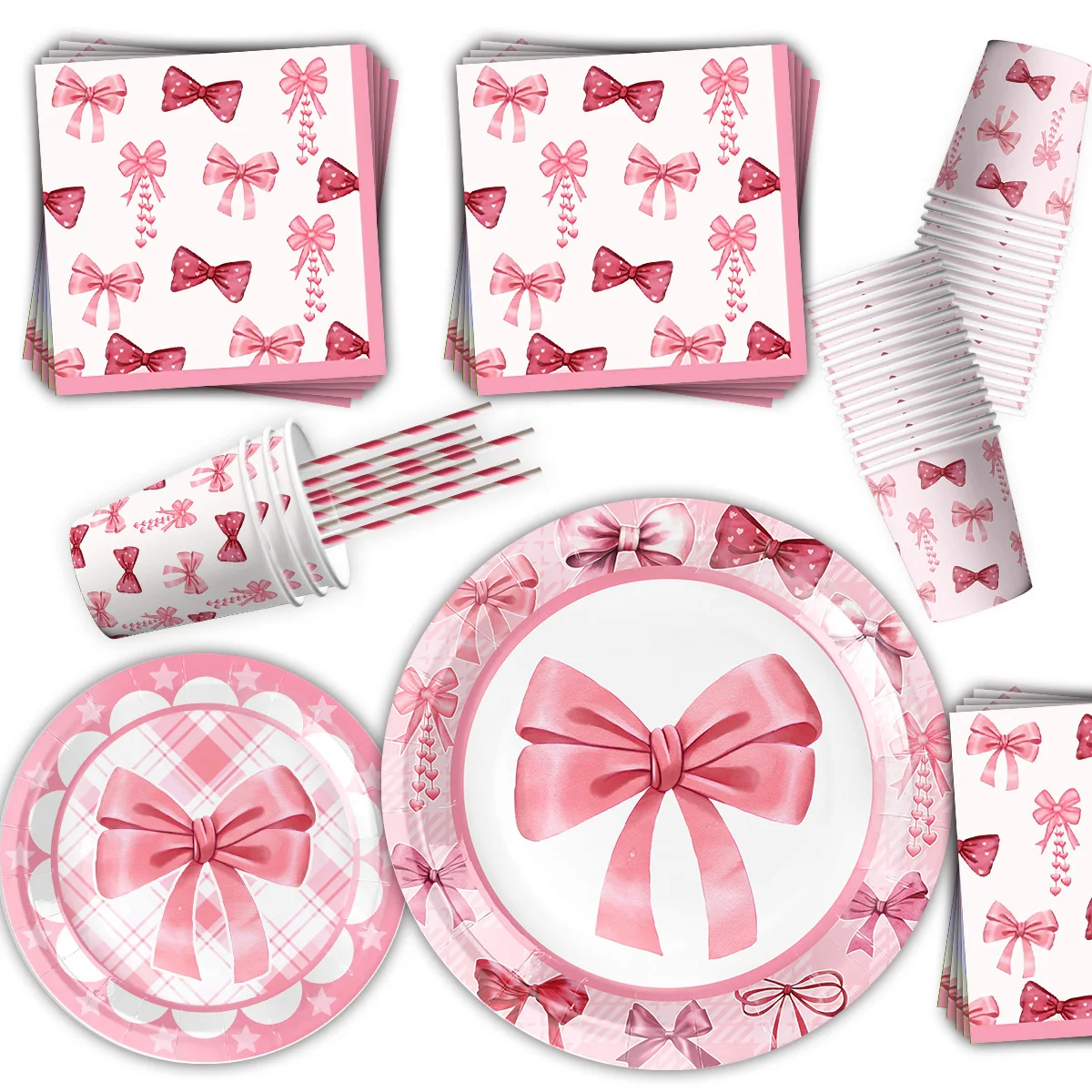 Rosa Schleifen-Geburtstagsparty-Dekorationsset, Pappteller, Becher, Servietten, Mädchen-Partyartikel, Gastgeschenke für Kinder, Babyparty – Detail 2
