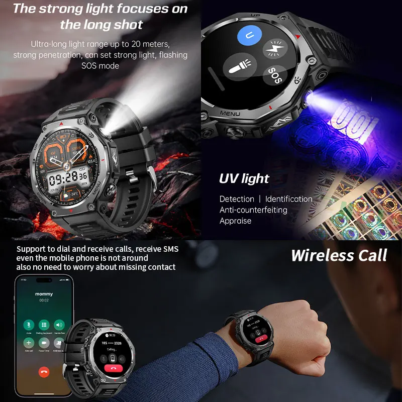 LIGE 1.43-calowy ekran Amoled, smartwatch z funkcją połączeń Bluetooth, latarką LED z światłem UV, wodoodporność 5ATM, smartwatch sportowy do aktywności na świeżym powietrzu dla mężczyzn
