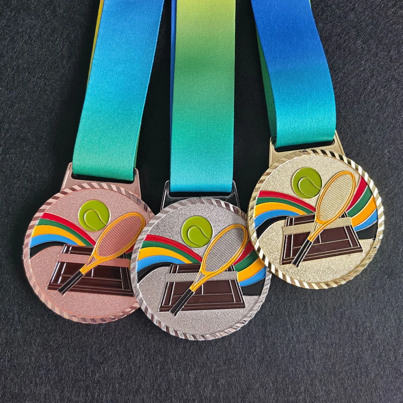 Common tennis competition medals - gold, silver, bronze. Customized content for students of schools.