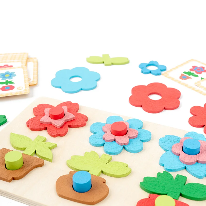 Tablero de rompecabezas de flores versátil emparejado con bloques de construcción, rompecabezas para niños, juguetes de educación temprana, entrenamiento de enfoque