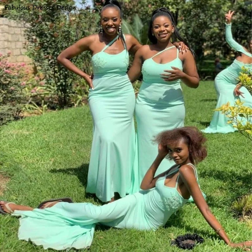 

Mint Green One Shoulder Bridesmaid Dresses Applique Lace Long Mermaid Backless Wedding Party Dress For Women Maid Of Honor