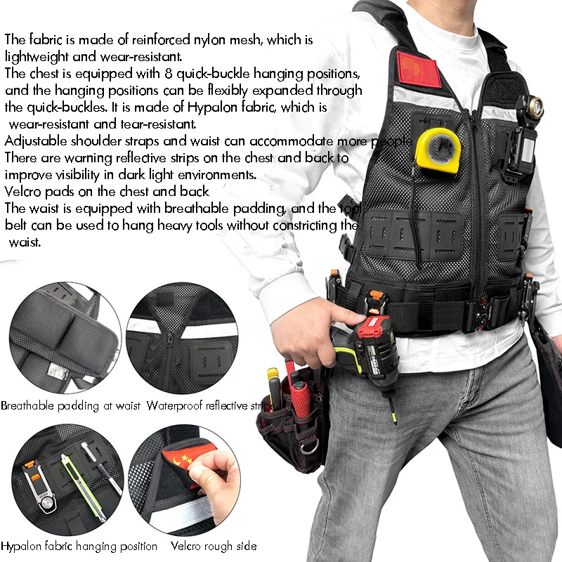 Multifunctional Nylon Breathable Tool Vest with Expanded Quick-Release Tool Bag And Belt Hanging Bag for Handyman And Carpenter