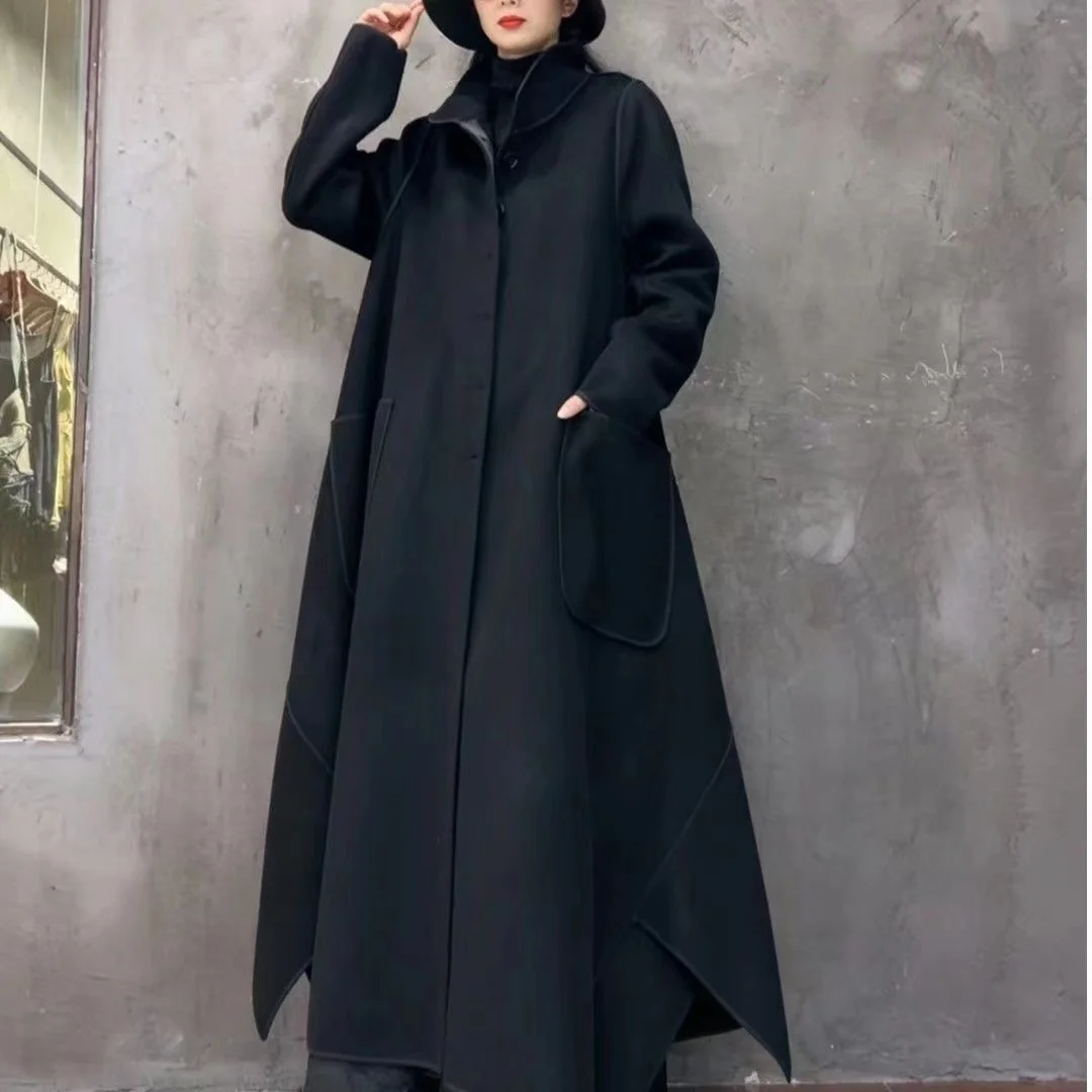 Vefadisa 2024 Autumn/Winter New Orange Women Market Wool Coat Stand Collar Long Sleeve Pocket Decoration Mid-length Coat ZXY882A