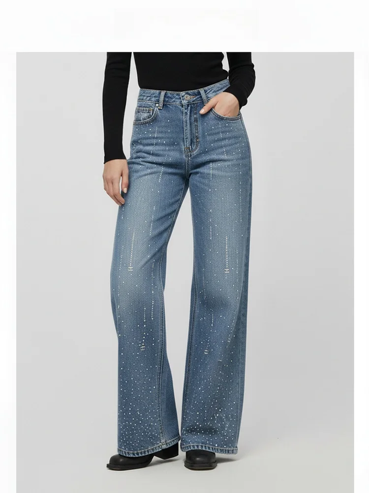 

Ретро джинсы-клеш с высокой талией для женщин, свободные, стройнящие, с бриллиантовой отделкой, прямые длинные брюки из хлопка, осенняя мода