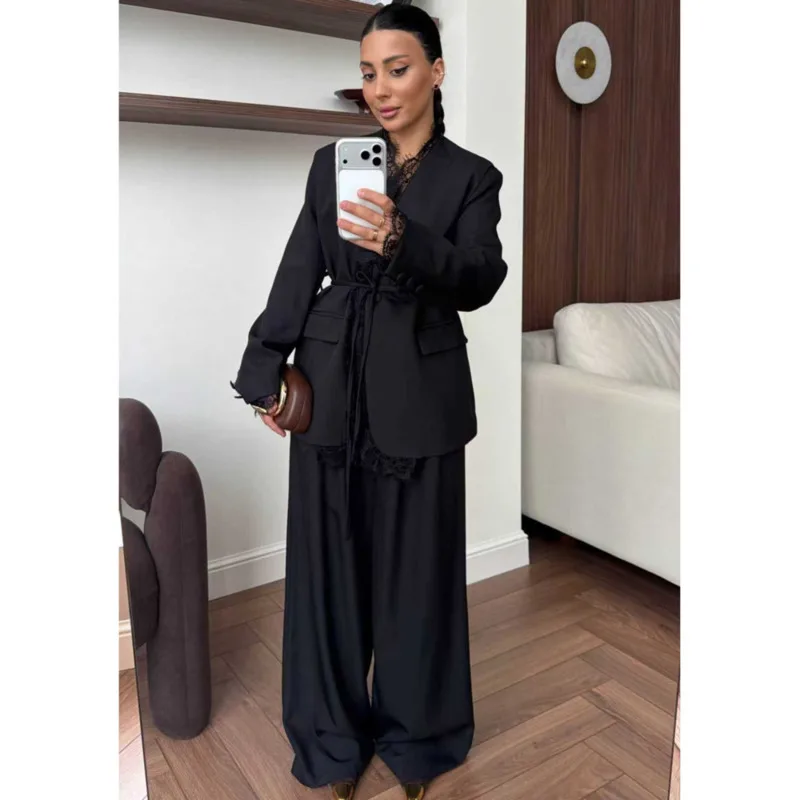 DFDG Dames Lente Revers Kant Patchwork Striktaille Blazer Wijde Pijpen Broek Set Elegant Formeel 2026 Trendy Vrouwelijke Mode Set - afbeelding 2