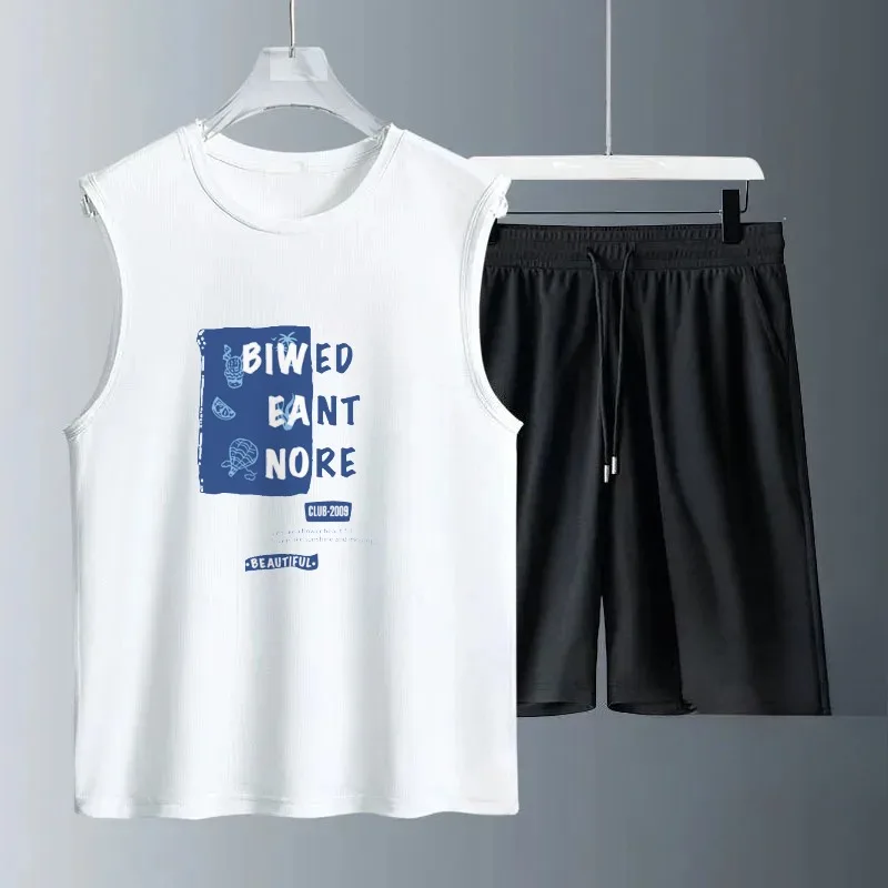 

Men's Sleeveless T-Shirt Shorts Set Casual Hollow Tank Top + Shorts hole Hollow Quick Male Breathable Vest 2 Piece Set Blue icon