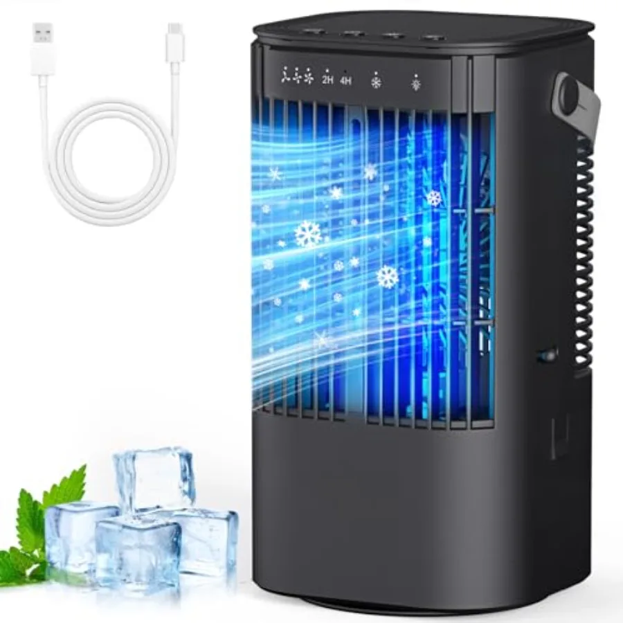 

Portable Air Conditioners for bedroom desktop home office use, evaporative cooler fan with plastic housing, white color, 4-in-1