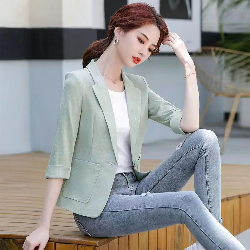 Women's Cotton Linen Short Suit Jacket Casual Slim Fit Breathable Button up Top for Spring Summer Commute And Office Wear