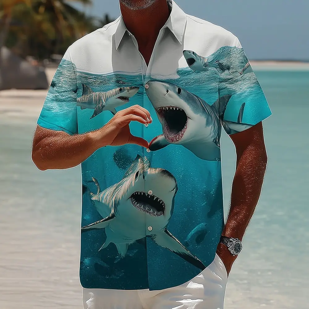 

Men's Shark Heart Wave Print Shirt, Cute Romantic Ocean Style Shirt For Summer Date, Beach Trip, Casual Outings & Streetwear
