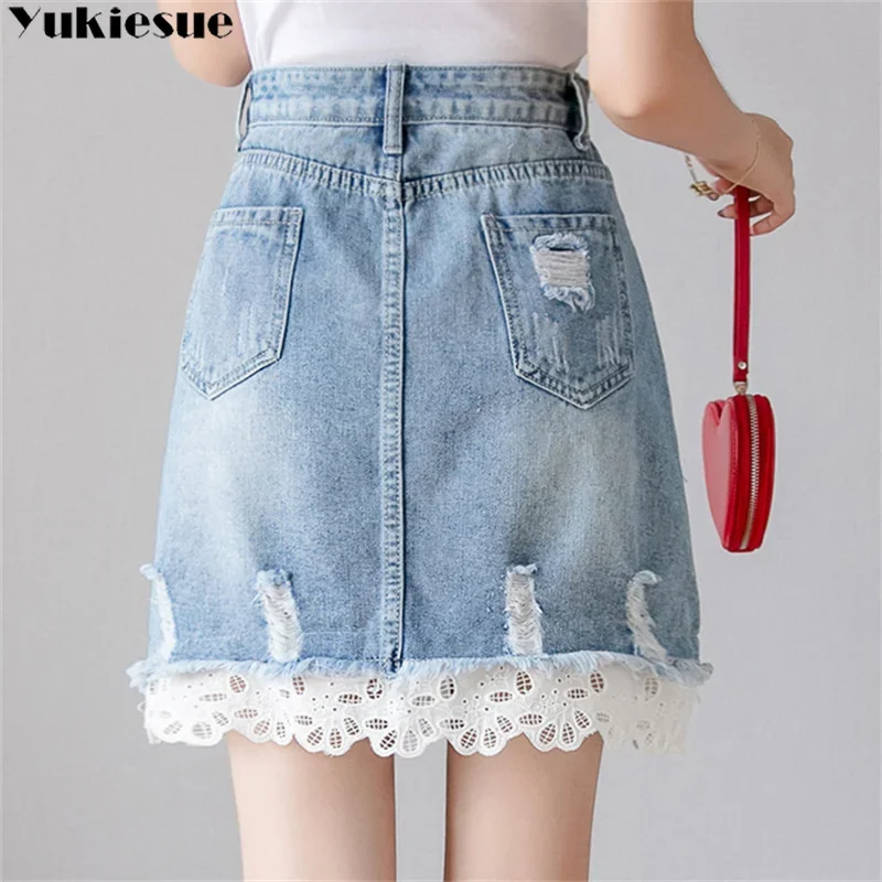 2023 春夏の新女性デニムスカートハイウエストレーススプライス裾レディースエレガントなミニジーンズスカートシングルブレストポケット