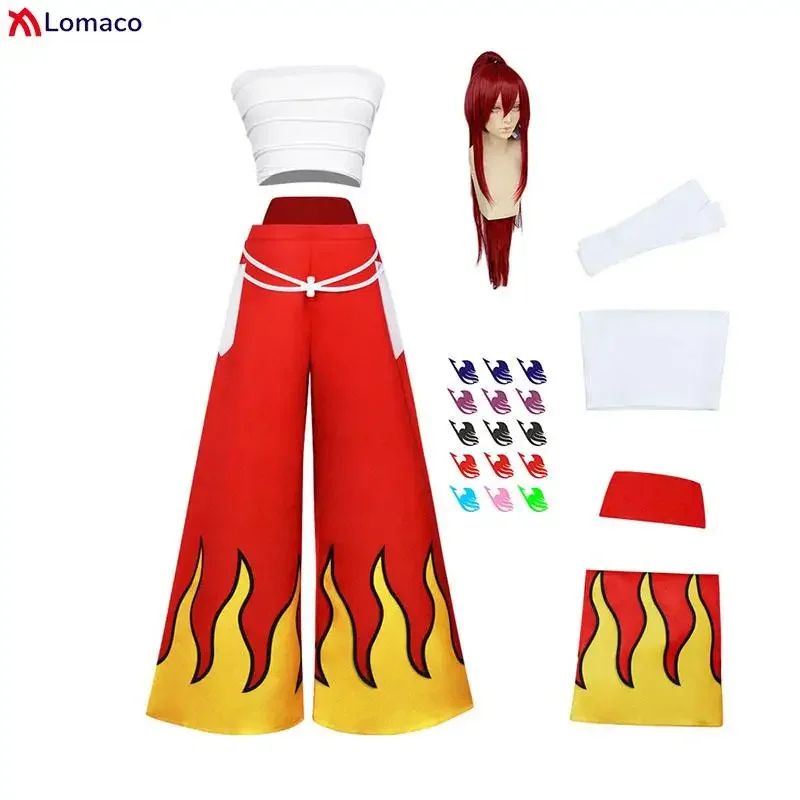 Anime Erza Scarlet Cosplay Costume Wig Tattoo Sticker Pants White Tube Tops Women Halloween Carnival Outfit