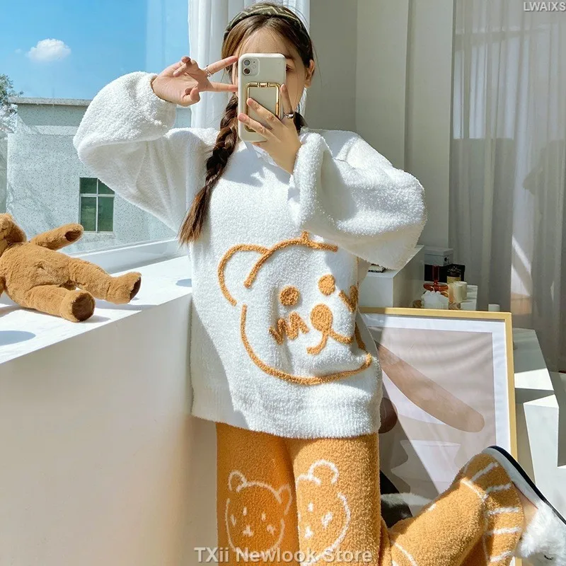 Wearing Soft Pajamas Women's Autumn and Winter fleece-lined Thickened Bear Two-piece Home Clothes Sweet Loose Japanese Style