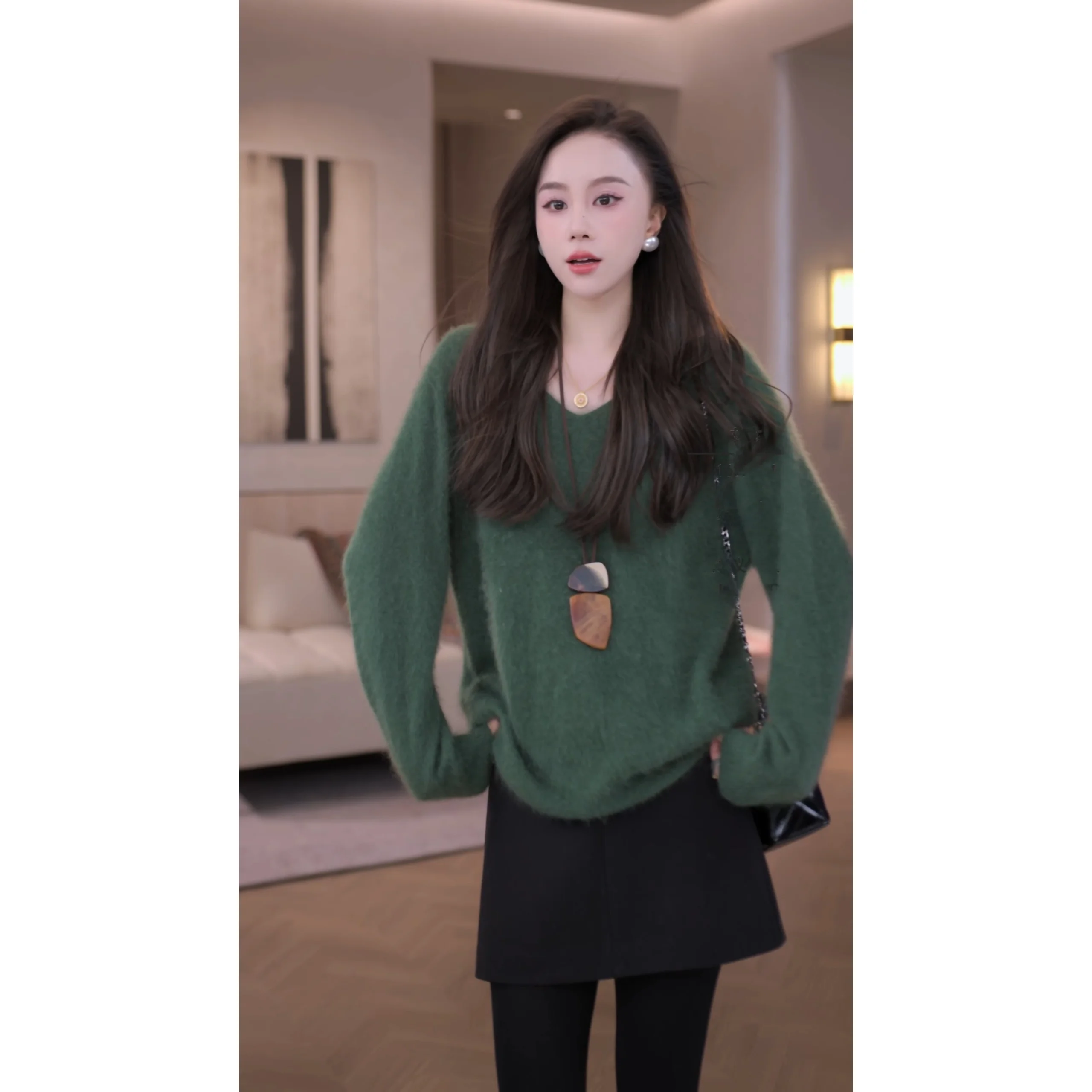 

Iris Double-Sided Wool Fce Thiened Camere Sweater Versatile Knitted irt Casual Sle V-Ne Warmth Inner Wear for Au...