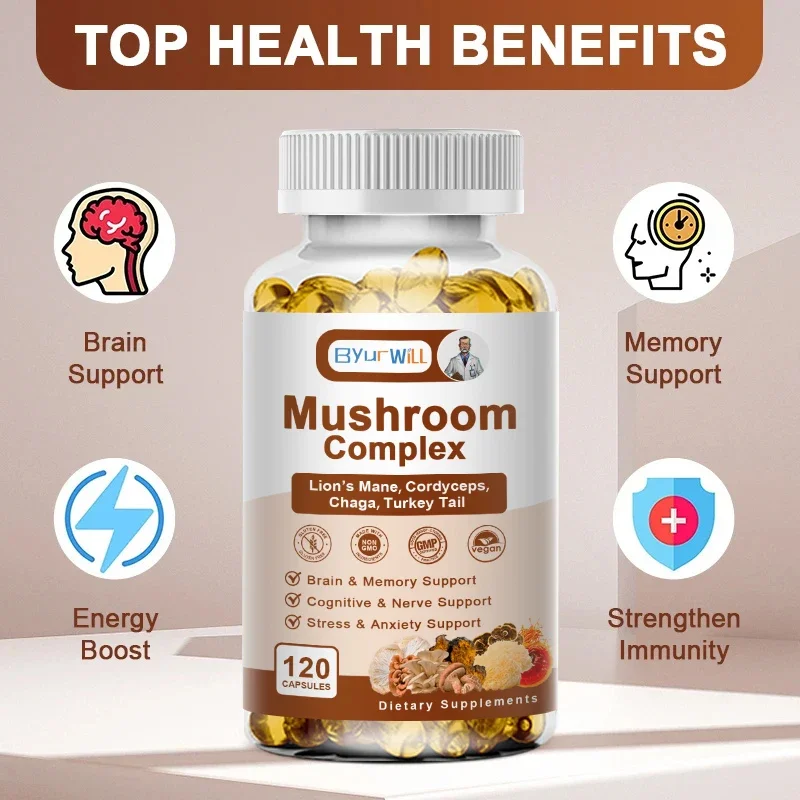 Strength Brazil Mushroom with Lions Mane, Cordyceps Reishi - Active Brain Supplement for Memory and Focus, Relief Stress