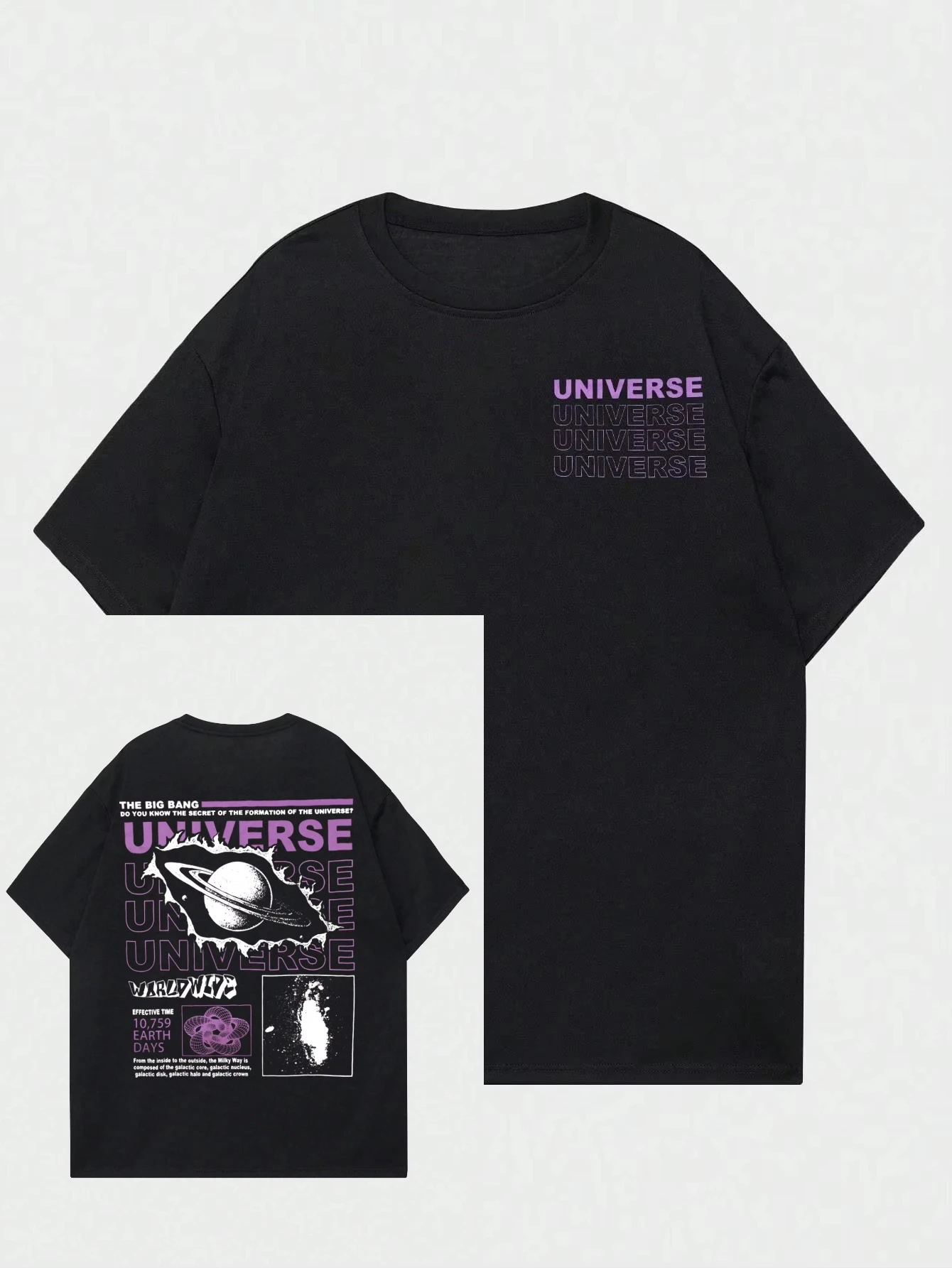تي شيرت Universe Theme باللون الأسود والأزرق والأبيض مطبوع عليه نظرية الانفجار الكبير مع تصميم Galaxy Graphic Planet للجنسين ملابس شارع قطنية كاجوال