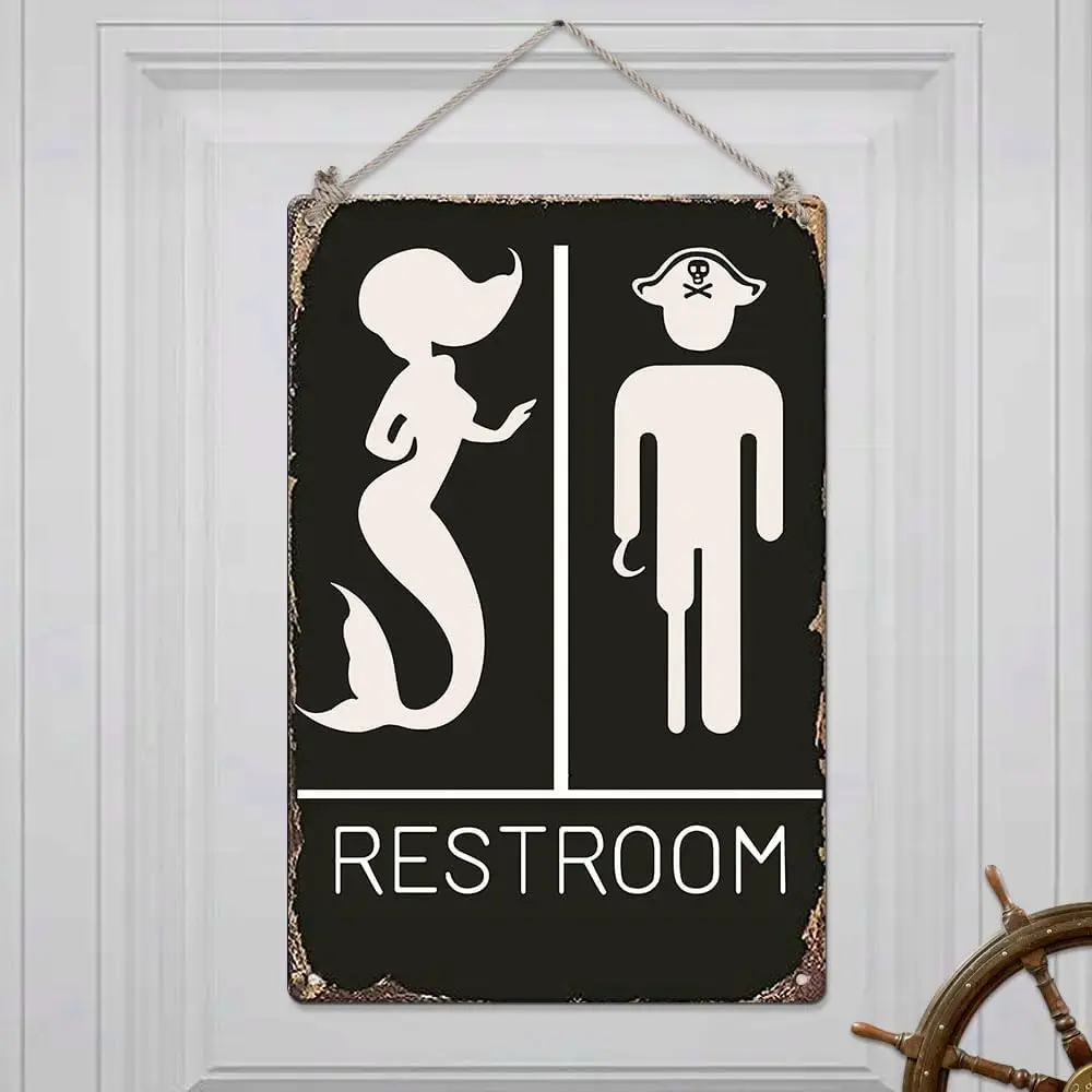 Funny Mermaid Pirate Vintage Restroom Door Sign bathroom signs Decor Use For Nautical,Mermaid,Pirate,Beach,Ship Themed Wall