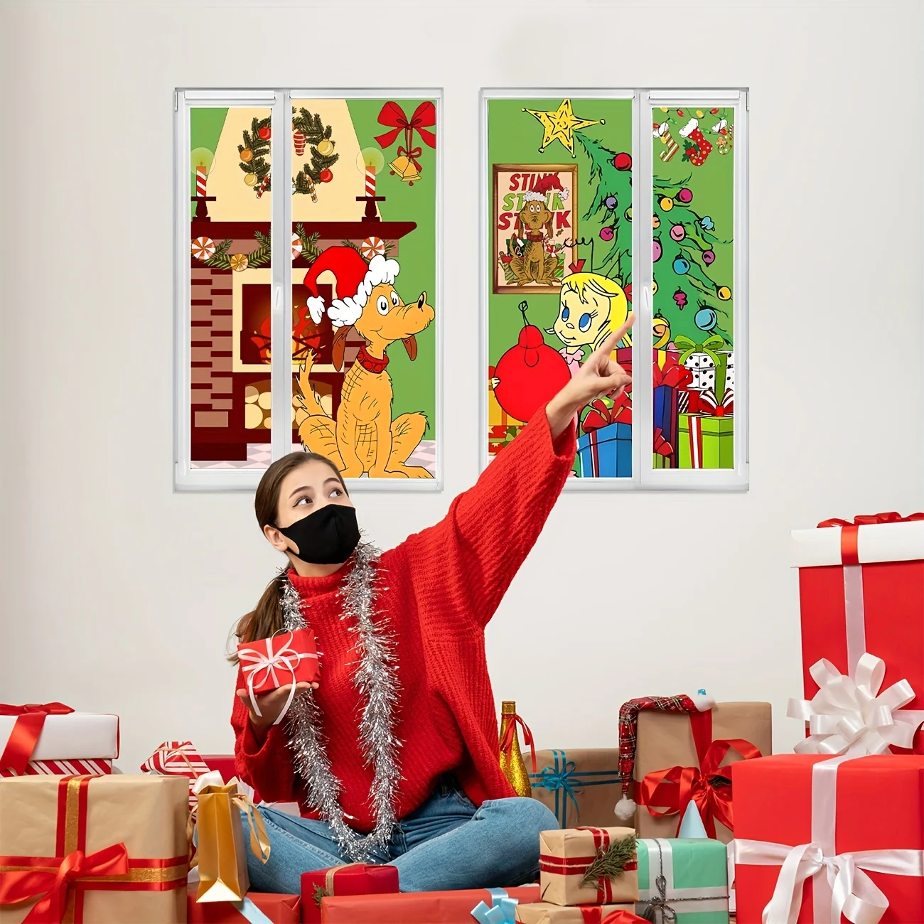 زينة عيد الميلاد لافتة حفلات نافذة عيد الميلاد صورة ظلية الديكور فتاة الكلب غطاء نافذة عيد الميلاد نافذة ملصق ل Indo