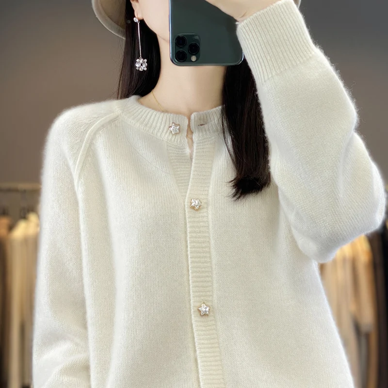 Women\'s Autumn And Winter Sweater Round Neck Basic Casual Loose Sweater 100% Pure Wool Long Sleeve Cardigan Korean Pop Top-D128