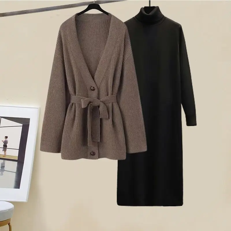 Oversized Women's Winter Set 2023 New Korean Fashion Sweater Waist Shrinking Slim Dress Two Piece Set Fashion