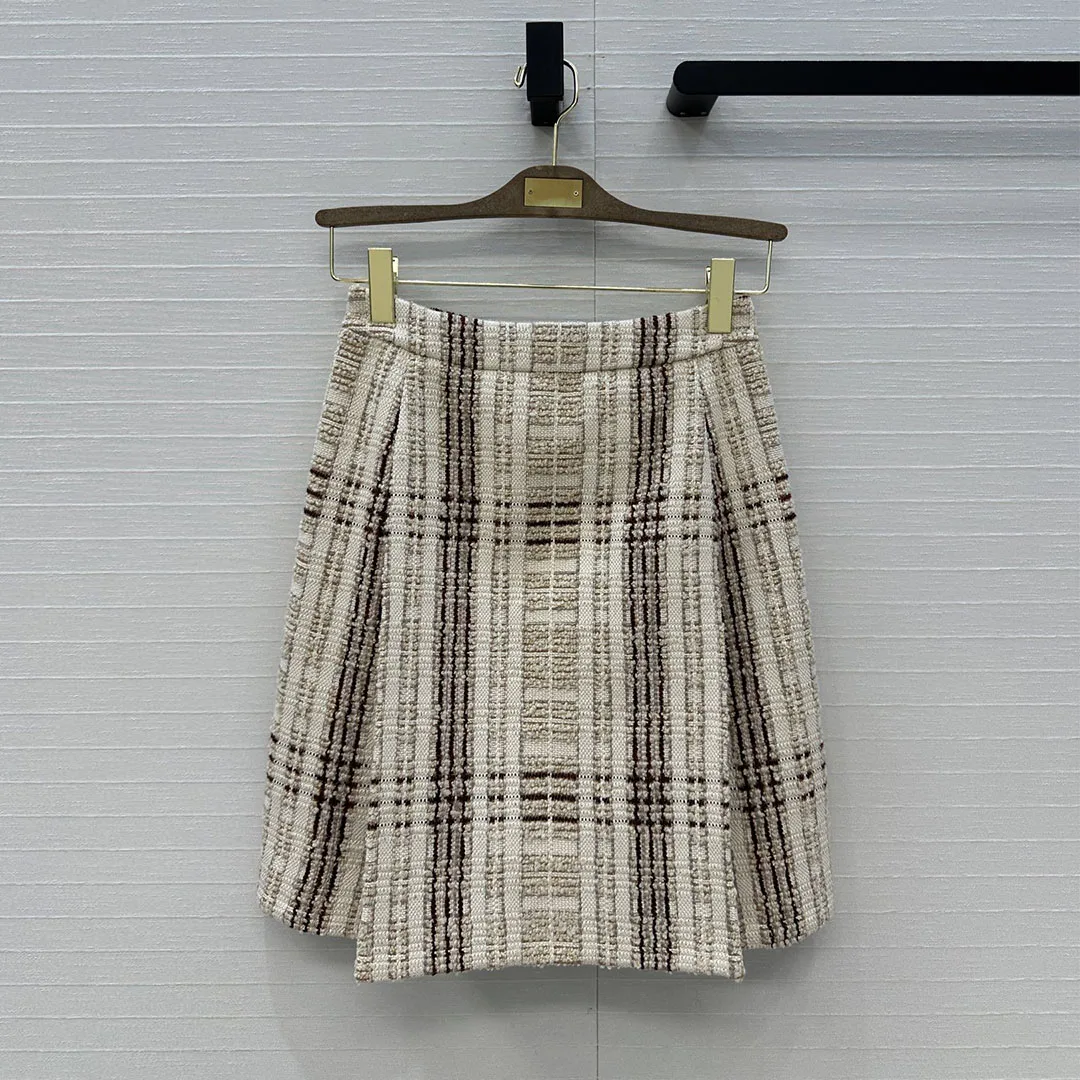 Nuovo autunno inverno vintage plaid lana tessuto di seta tweed gonne longuette donna a vita alta a pieghe moda chic gonna