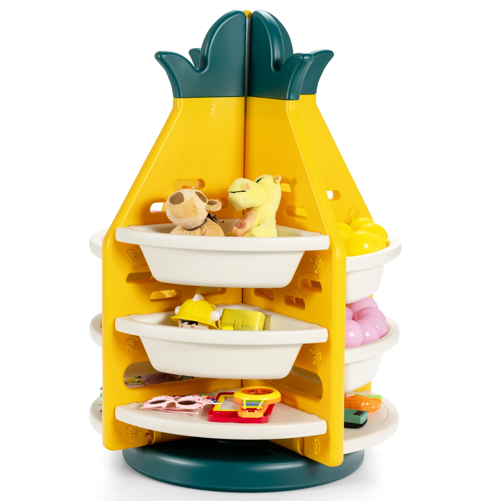 GOFLAME Rotating Toy Storage Organizer, 3-Tier Pineapple Toy Shelf w/ 8 Plastic Bins & 4 Shelves