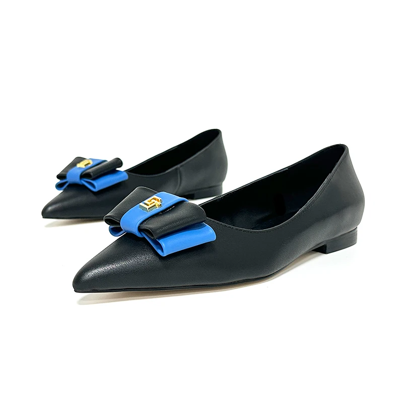 2024 New Elegant and Fashionable High Heel Women's Shoes Genuine Leather Shallow Mouth Bow Flat Shoes Office Women's Shoes