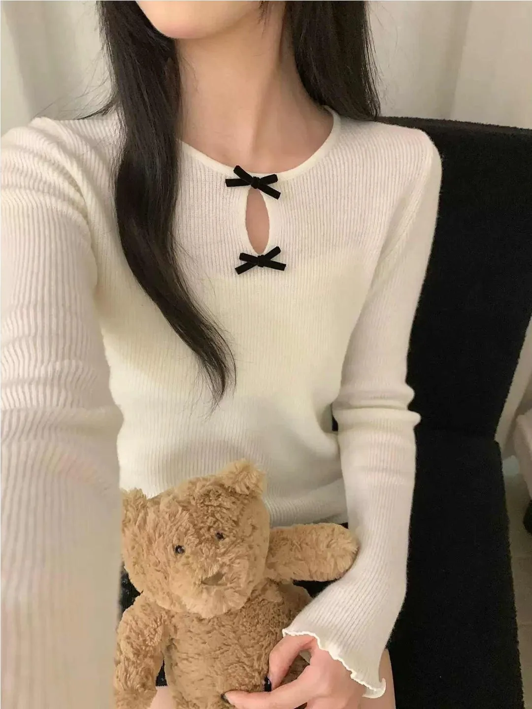 

Sweet Style Knot round Neck Long Sleeve Knitted Top Women's Base Layer Shirt Anti-Aging Versatile Slim Fit Trendy