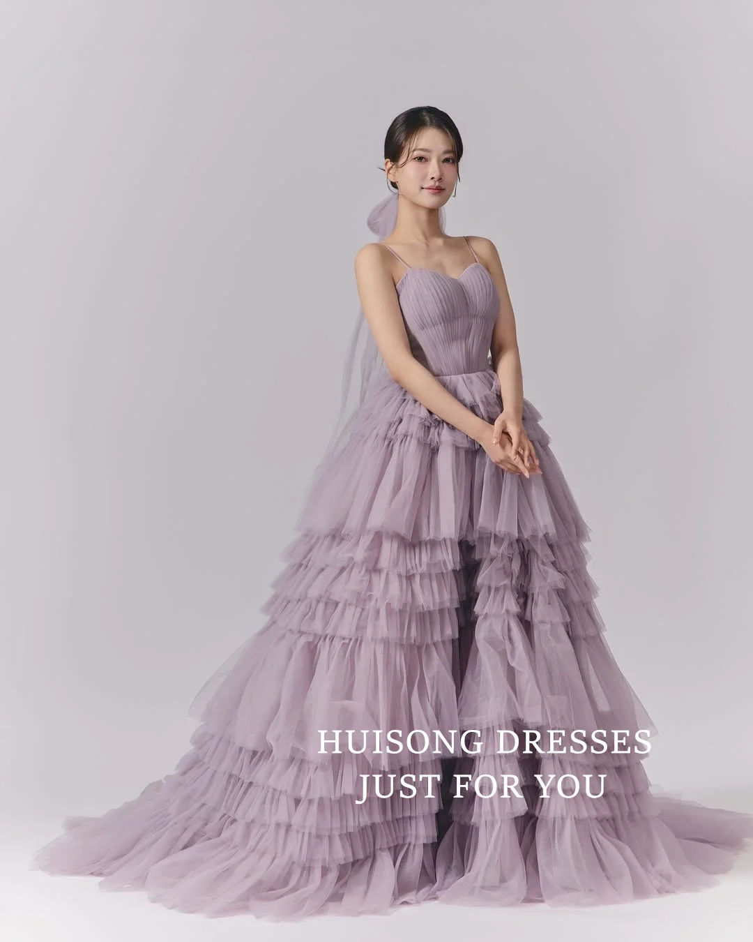 

HUISONG Customized Lilac Tiered Ruffles Tulle Korean Wedding Dress 이브닝드레스 Reception Bridal Dress Korea Wedding Photo Shoot Gown