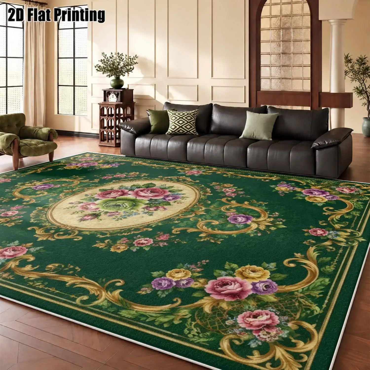 1Pc 2D Printed Velvet Carpet, Dark Green Base Pink Floral, European Vintage Style, Machine Washable, Multi-Size for Home Decor