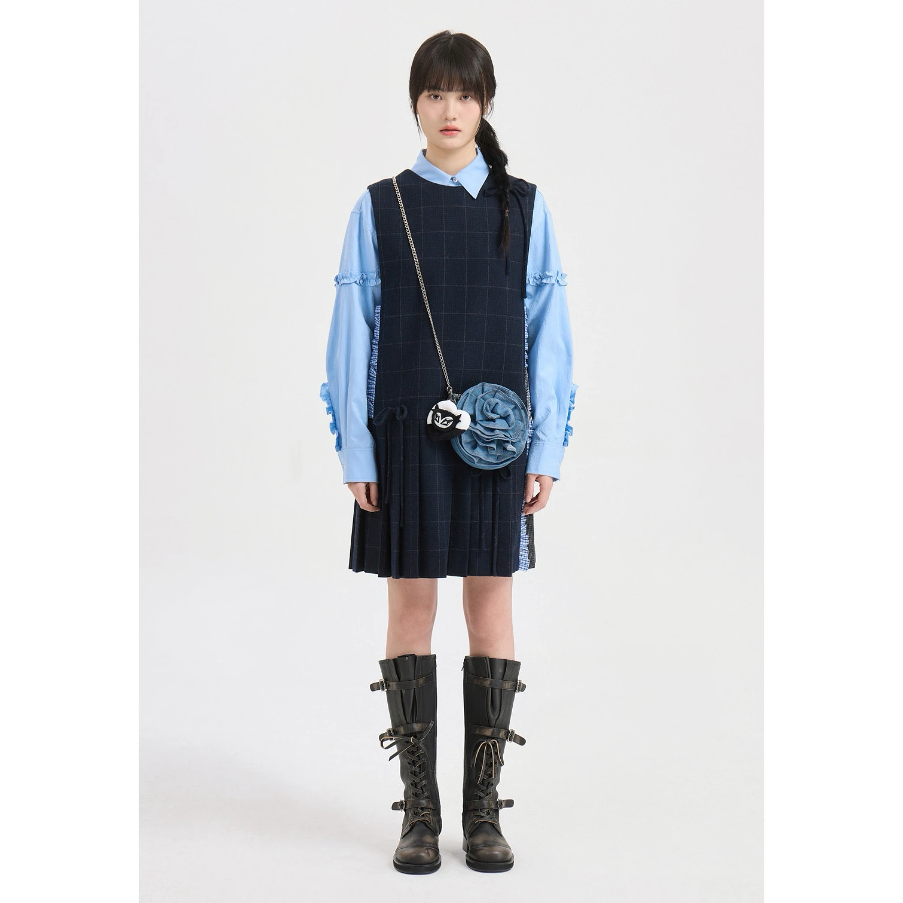 Lemon Cheese LUC26 Spring round Neck  Knot Design Splice Pleated Vest Style Dress Casual H Version City Commute Dress