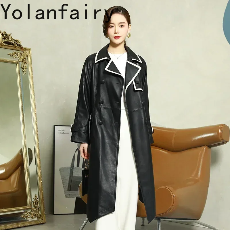 YOLANFAIRY Echt Leder Jacke Frauen Kleidung Schaffell Graben Mantel Koreanische Mode Schlanke Damen Windjacke Mantel Weibliche Jacke