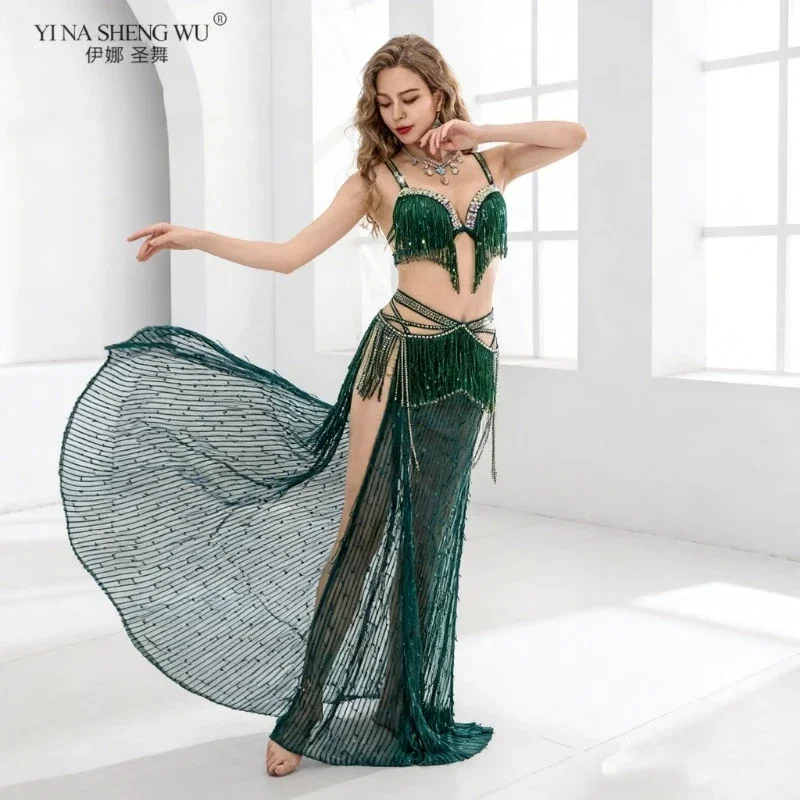 Arabic Dance Caderines Bellydance Performance Costume 4 Piece Sequin Skirt Rhinestone Bra Luxury Professional Egypt Outfits New