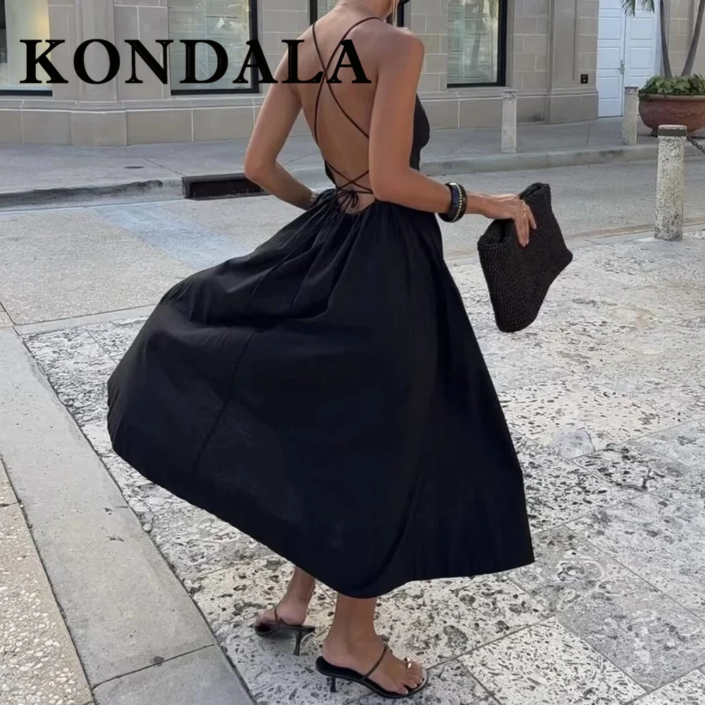 ชุดเดรสยาว KONDALA สีดำ ดีไซน์เก๋ หรูหรา เซ็กซี่ สำหรับผู้หญิง ฤดูร้อน 2025 เปิดหลัง คอเสื้อแบบผูก  แฟชั่นสำหรับงานกลางคืน ปาร์ตี้ งานวันเกิด