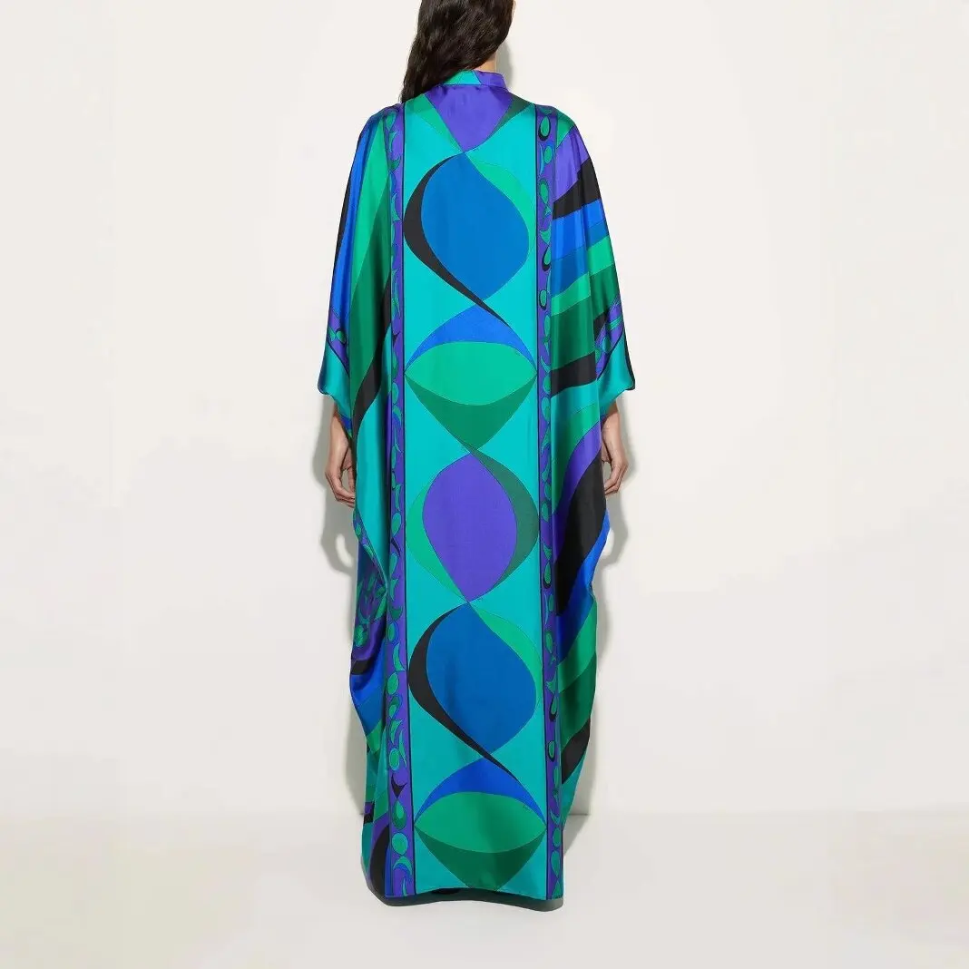 2026 Spring Summer Women's Printed Belted Maxi Dress Gown Round Neck Elegant Evening Dress Outfit Clothing