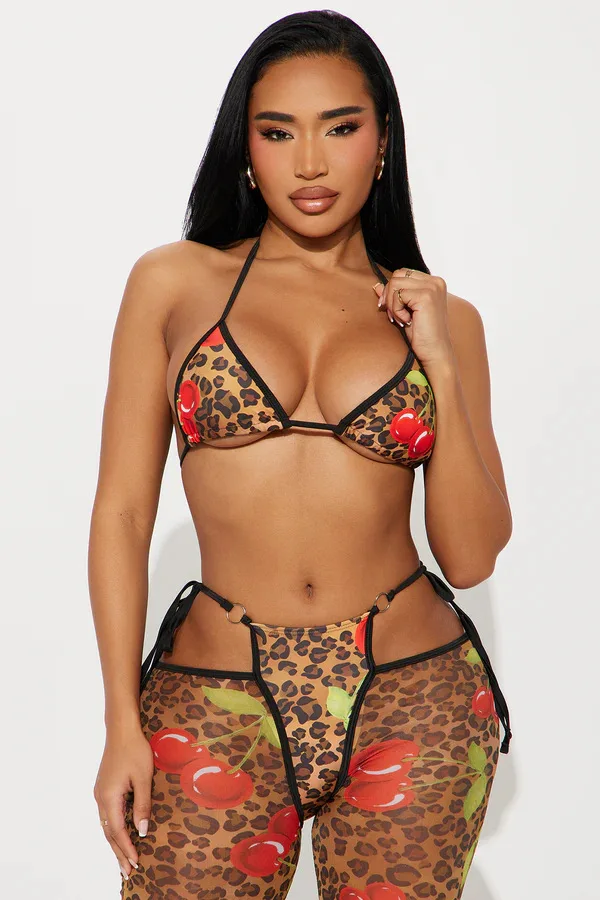 STYLISH LADY Leopard Cherry Print Mesh 2 Piece Outfit Halter Bikini Top Cutout Flare Pants 2026 Women Beach Club Matching Suit view 2