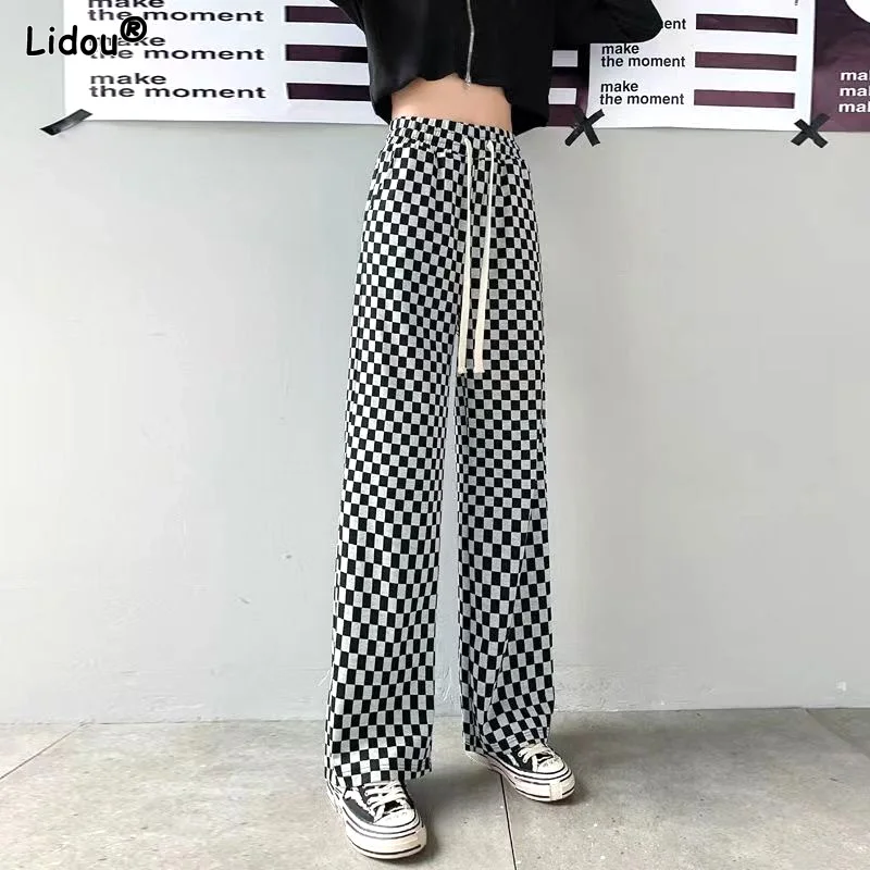 

Elastic Waist Temperament Comfortable Plaid Elegant Fashion Loose Wide Leg Pants Spring Summer Thin Lacing Women's Clothing 2023