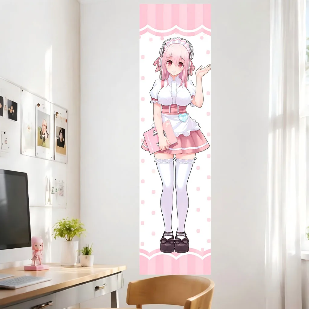 Super Sonico Maid Anime Vertical Tapestry, Pink Polka Dot Wall Scroll, Kawaii Hanging Decor for Bedroom Otaku Room Home Wall Dec