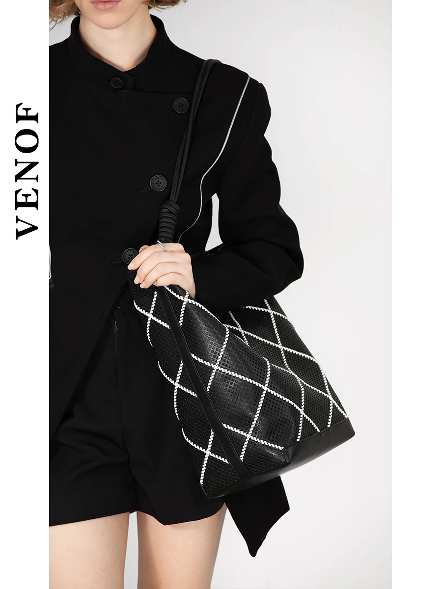 VENOF Cowhide Single Shoulder Bucket Bag 100% Soft Cowhide Large Capacity Women\'s Shopping Bag Female Tote Bag Ladies Bag Brand