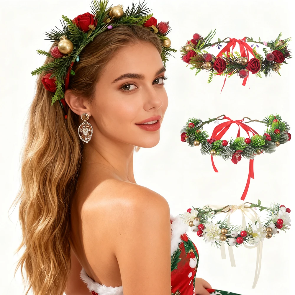 

AWAYTR Рождественская повязка на голову с цветком кедра и розы для девочек, венок ручной работы, повязка для волос с лозой, аксессуары для волос, украшение для свадебной вечеринки