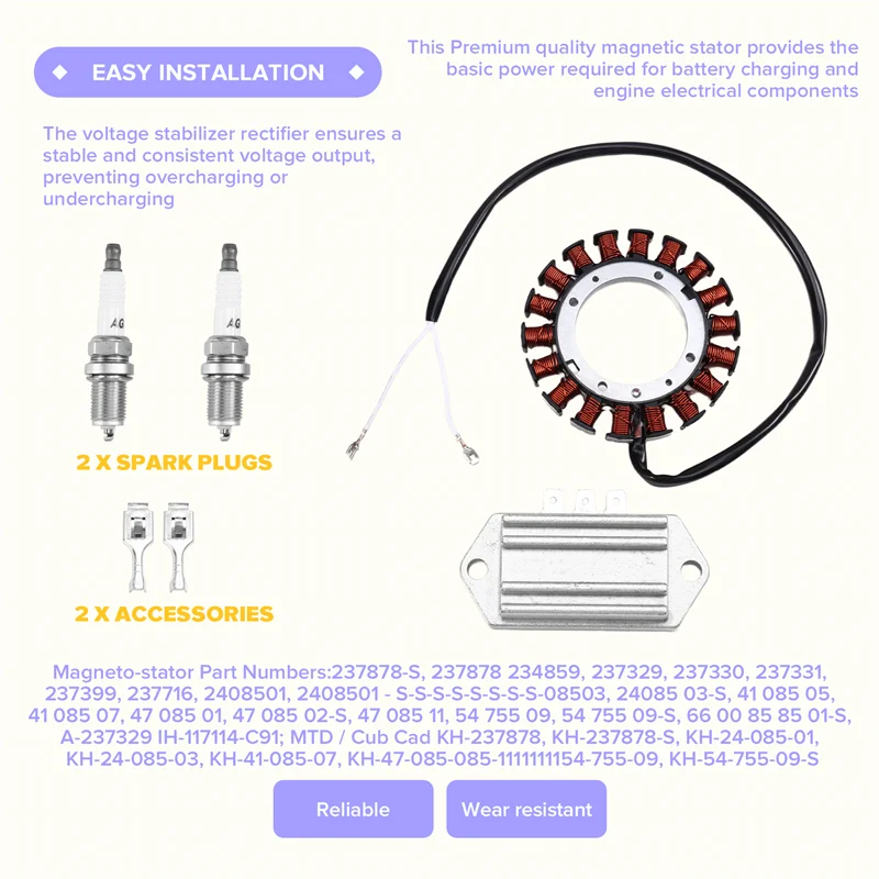 

AT92-237878-S 54-755-09S Stator Kit 15/20 Amp Fits For KOHLER CV460 CV490 CV492 CV493 K161 K181 K241 K301 K341