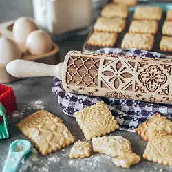 printing Rolling Pins Rock Snowflake Elk Wooden Embossing Baking Cookies Biscuit Fondant Cake Patterned Roller 35*4.5cm