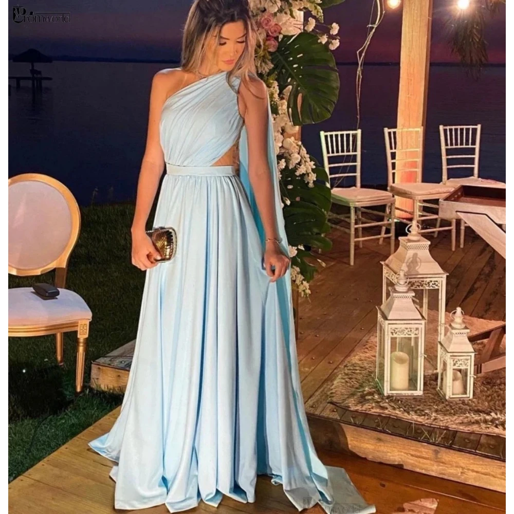 

One Shoulder Prom Dresses Long A Line Chiffon Light Blue Simple Ruffled Formal Prom Gown New Vestidos De Fiesta Customized