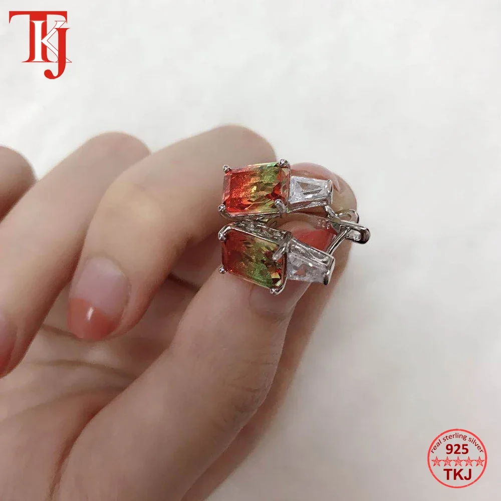 TKJ Bohemian Style Luxury Natural Tourmaline Earrings Square Real 925 Sterling Silver Stud Earrings For Women Beach Travel