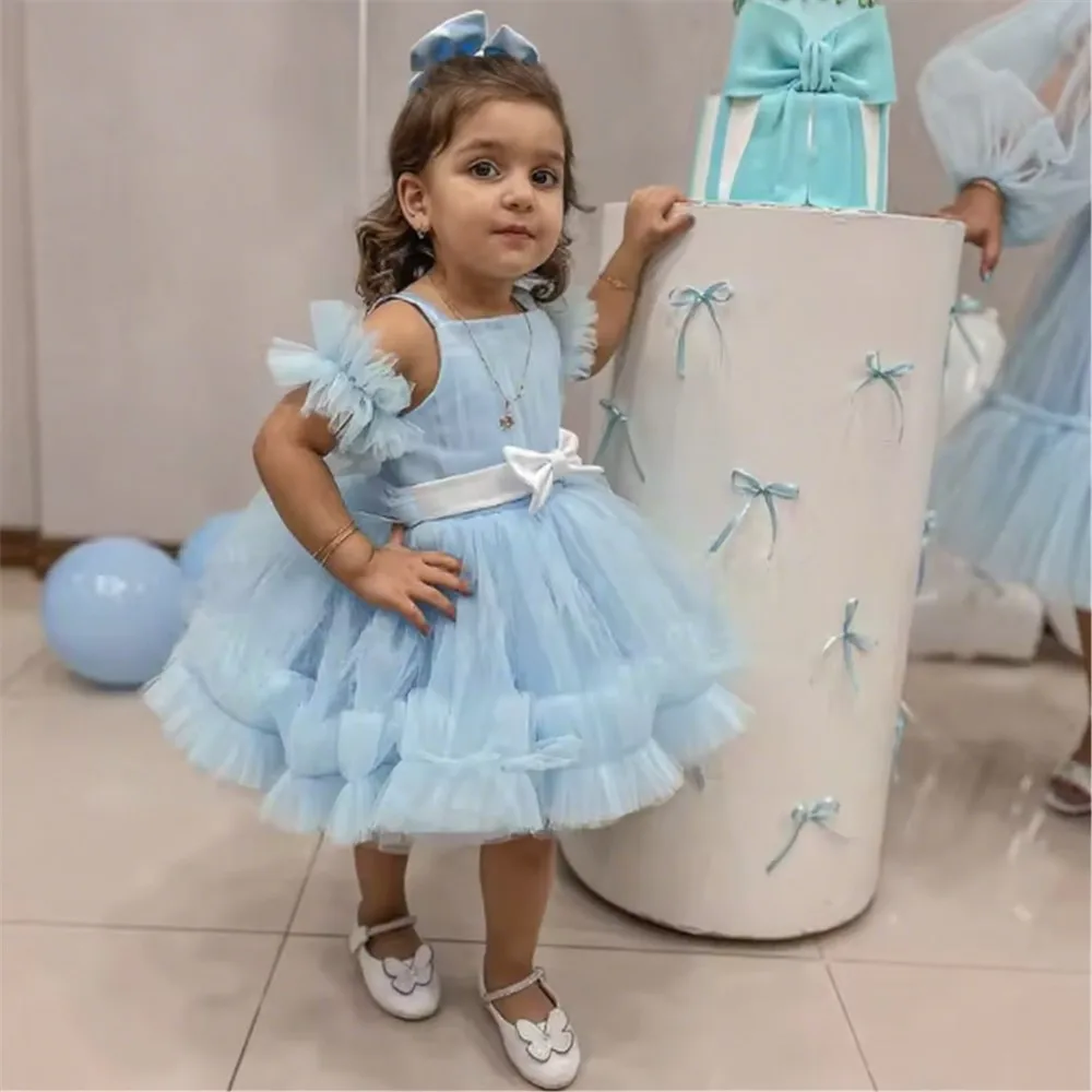 

Customized Blue Flower Girl Wedding Dress Sleeveless Bow Belt Ruffles Tiered Kids Birthday Party First Communion Gown