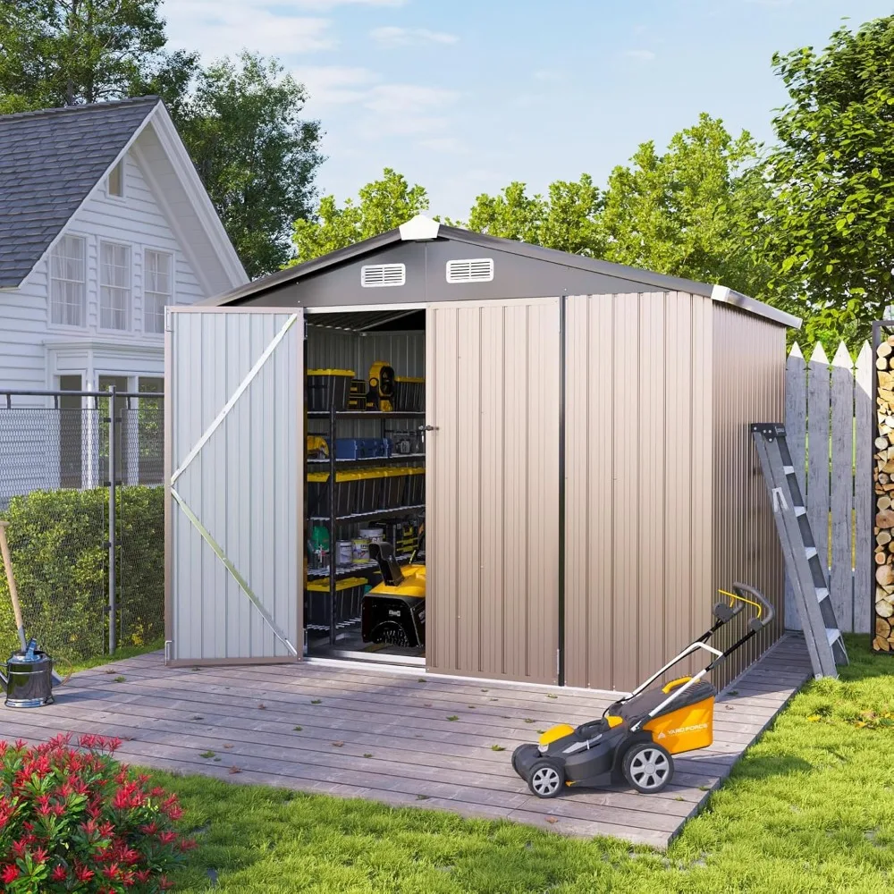 

8.5 x 5.6ft Outdoor Storage Shed with Base, Outdoor Tool Storage Shed, Outside Lawn Mower Storage, Garden Metal Shed for Bike