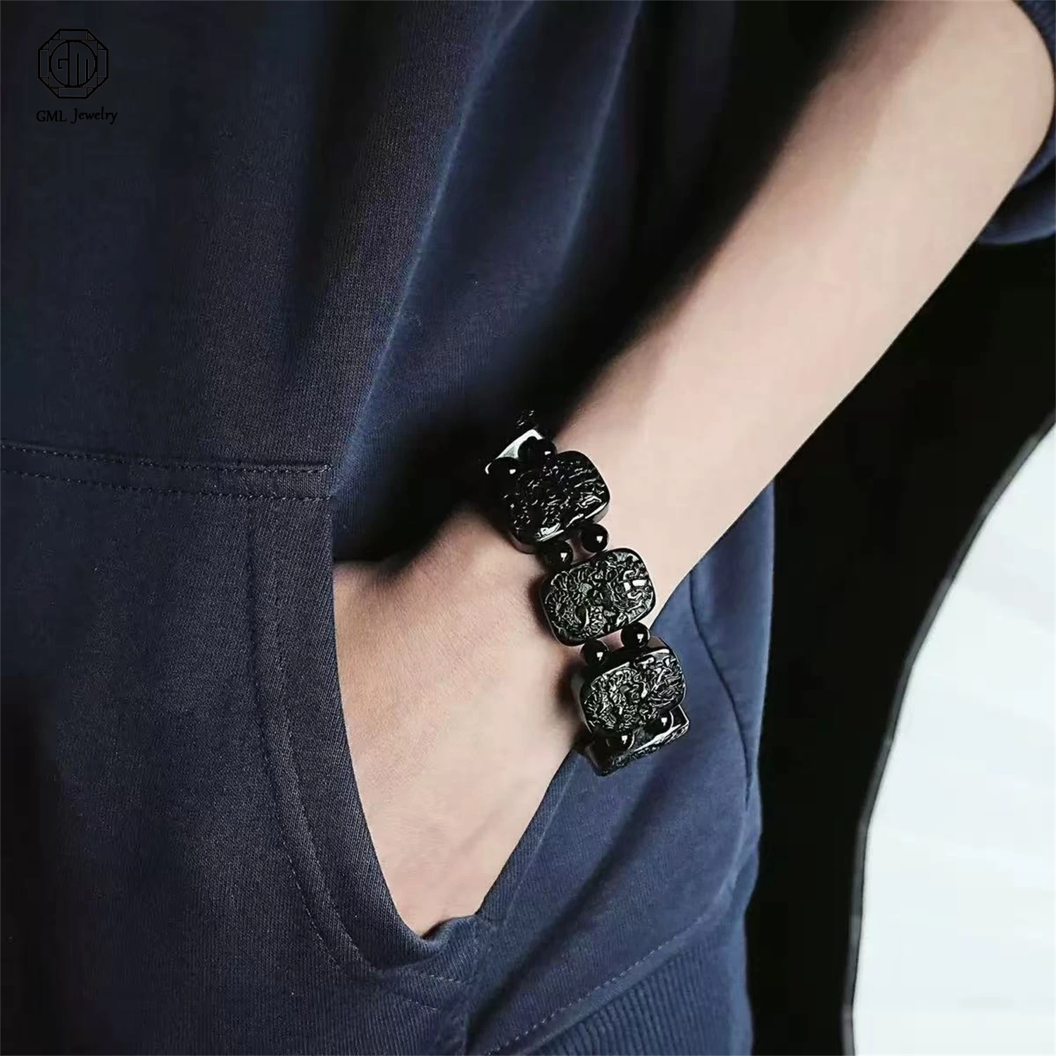 

Natural Grade A Jadeite Black Jade Nine Dragon Plaque Beaded Bracelet Men Powerful Guardian Nephrite Gemstone Jewelry Gift