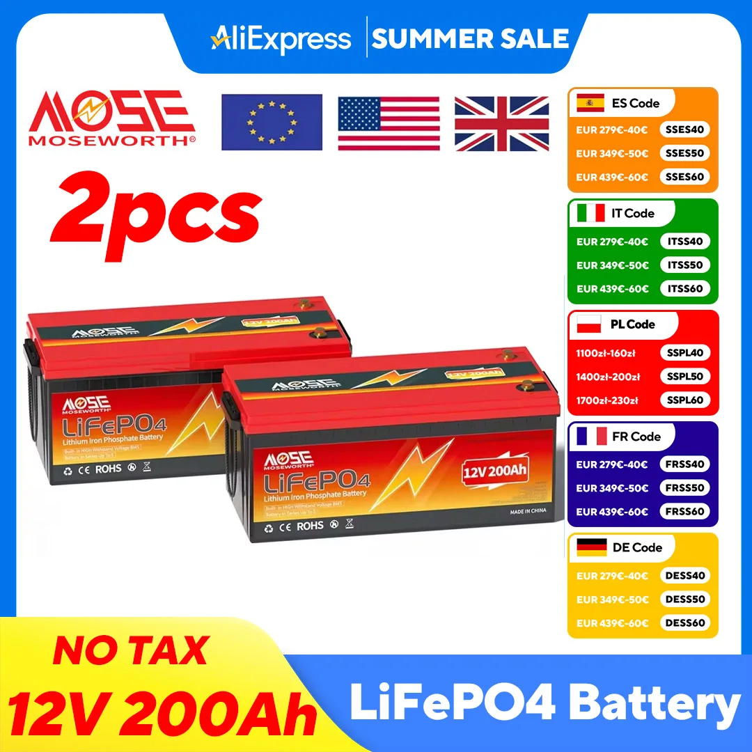 

2pcs 12V 200Ah LiFePO4 Battery 2560Wh Lithium Battery with 200A BMS Deep Cycles Support in Series/Parallel Motorhome Solar Panel